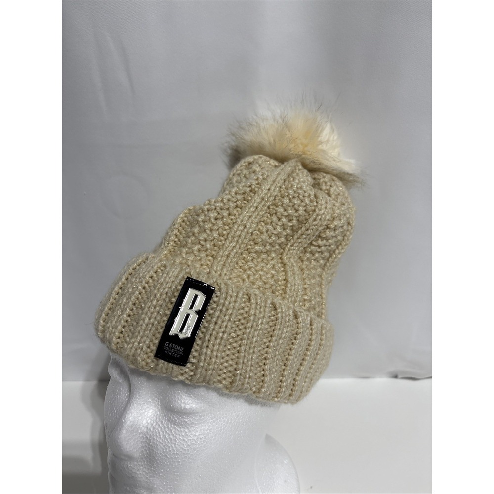 Lady Winter Hat G Stone Collection Winter Fax Fur Pom Pom Tan W/gold neck muff